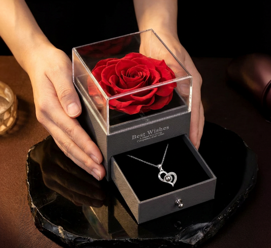 Collar Corazón con Rosa Roja Eterna – Regalo Romántico para San Valentín, Aniversario o Cumpleaños