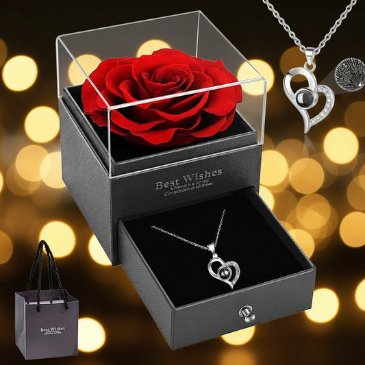Collar Corazón con Rosa Roja Eterna – Regalo Romántico para San Valentín, Aniversario o Cumpleaños